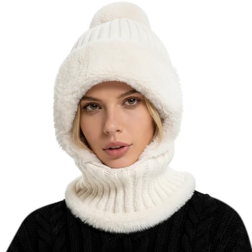 AQOKKA 3 in 1 Knit Fleece Lined Beanie Hat with Scarf and Mask Warm - color: White