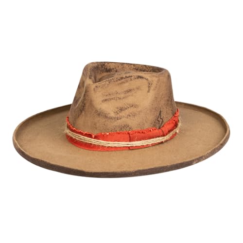 Vintage Pencil Brim Fedora Hats 100% Wool Felt Hat Panama Rancher Hat with Lightning Logo Handmade Distressed/Burned - color: Camel Red, size: 7 5/8
