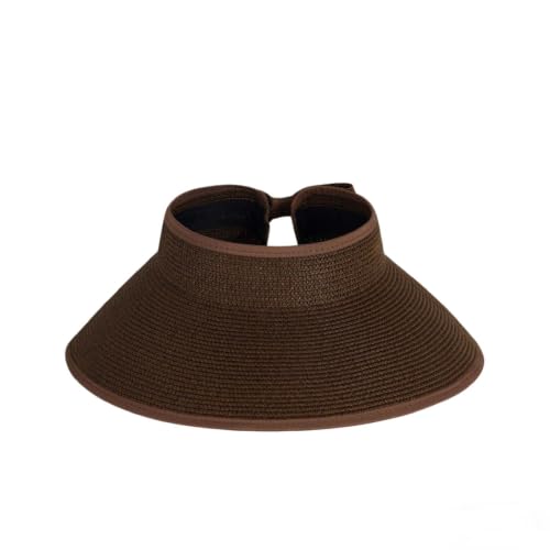 Sun Visor Hats for Women Adjustable Wide Brim Straw Sun Hat Roll-Up Ponytail Straw Hat Packable Summer Beach Hats - color: Brown