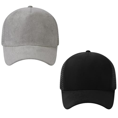 Suede Curved Brim Trucker Cap Adjustable Snapback Hat Mesh Back Breathable for Men Women 2 Pack SH03 - color: Pack of 2, Light Grey & Black