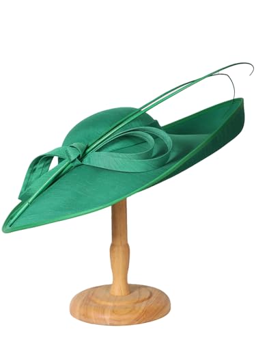 Big Wide Brim Fascinator Hats for Women Ladies Kentucky Tea Party Dress Flat Top Fedoras Hat with Bow Feather - color: Green 1