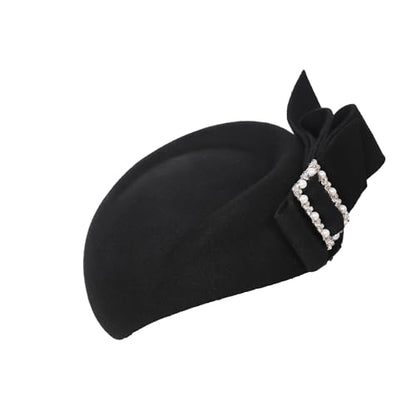 Women Wool Derby Hat for Women Pillbox Hat Wedding Hats Felt Bowknot Fascinators - color: 413 Black