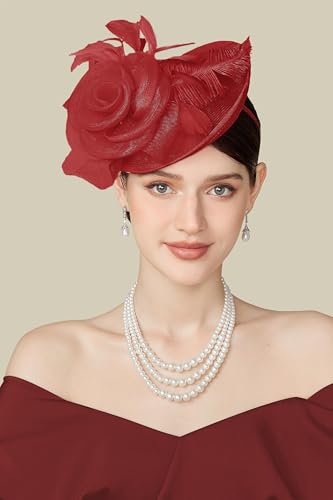 BABEYOND Fascinators Hats for Women Tea Party Mesh Flower Pillbox Derby Hat - color: Red
