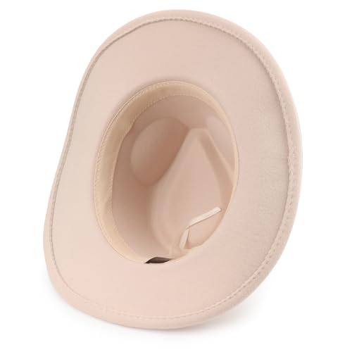 DRESHOW Women Men Classic Felt Wide Brim Western Cowboy & Cowgirl Cap Belt Buckle Retro Panama Hat Unisex Rolled up Caps - color: Beige With Black Hatband(circumference: 22-22.8")