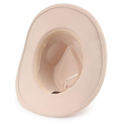 DRESHOW Women Men Classic Felt Wide Brim Western Cowboy & Cowgirl Cap Belt Buckle Retro Panama Hat Unisex Rolled up Caps - color: Beige With Black Hatband(circumference: 22-22.8")