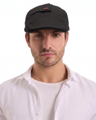 ZLYC Men Cotton Flat Cap Summer Scally Newsboy Beret Driver Hat - color: Button Decor Black