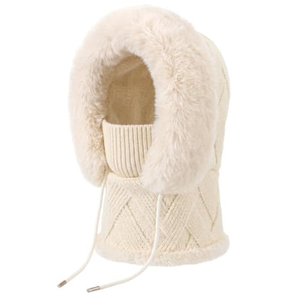 Winter 3 in 1 Beanie Hat with Scarf and Mask, Plush Face Beige