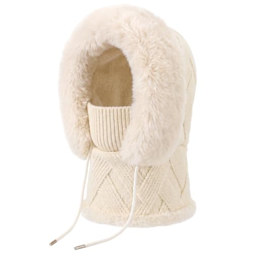 Winter 3 in 1 Beanie Hat with Scarf and Mask, Plush Face Beige