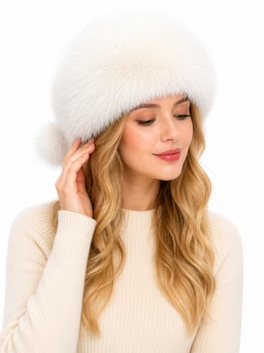 DLNYC Women’s Faux Leather Winter Hat with Faux Fur Trim, Soft Lined Cap with Hanging Cords & Pom-Poms, Warm Stylish Hat - color: White