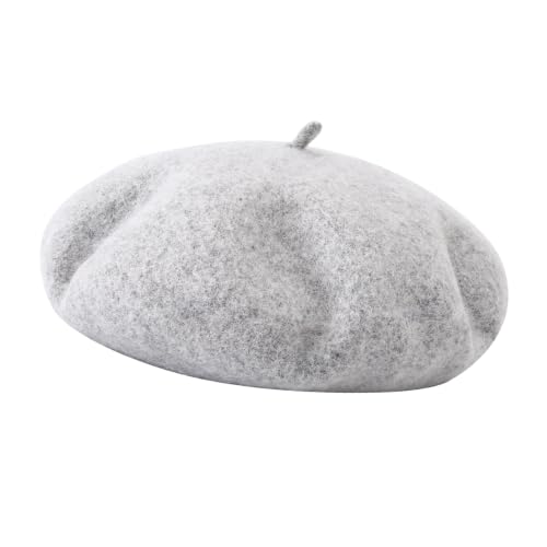 French Beret Hats for Women - Soft Warm Wool Solid Color Beanie Winter Cap - color: Light Melange Grey