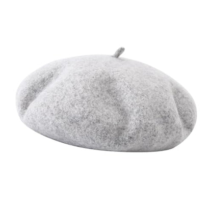 French Beret Hats for Women - Soft Warm Wool Solid Color Beanie Winter Cap - color: Light Melange Grey