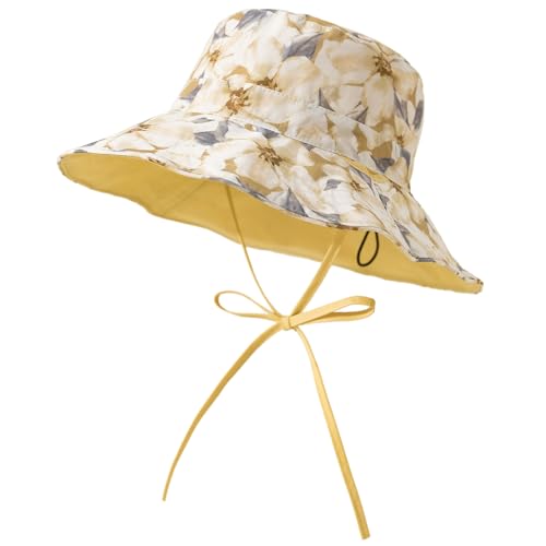 Reversible Floral Pattern Bucket Sun Hats for Women- UPF50+ UV Protection, Foldable Brim, Floppy Beach Hat for Hiking - color: Light Yellow