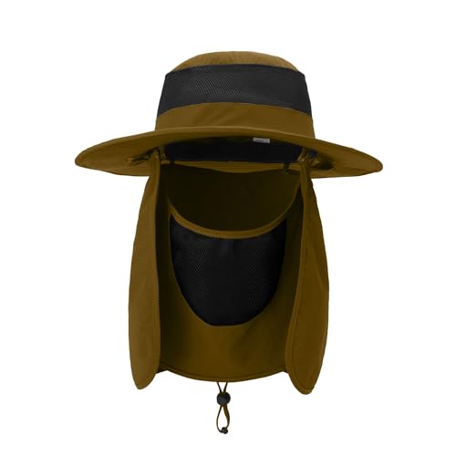 Outdoor Sun Hat UPF 50 Protection Waterproof Fishing hat Face Cover Summer Neck Flap Hat - color: Caramel