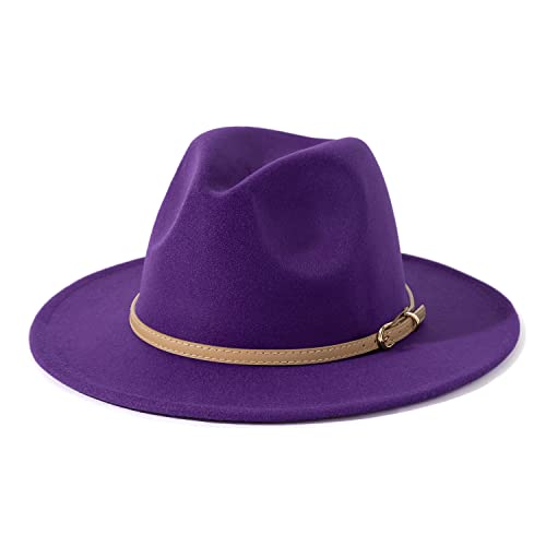 Lisianthus Women Classic Felt Fedora Wide Brim Hat with Belt Buckle - color: Purple