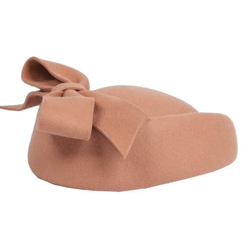 Wool Felt Vintage Fascinator Winter Women Elegant Pillbox Hat Bowknot Derby Church Hat Retro Fedoras - color: Dark Camel