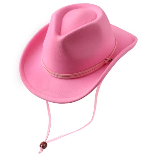 AQOKKA Cowboy Hat Wide Brim Western Cowgirl Hat with Buckle Belt Felt Fedora Cowboy Hat for Girl - color: Pink