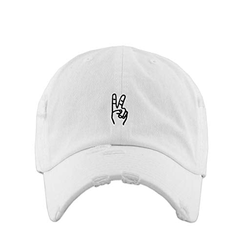 Peace Sign Vintage Baseball Cap Embroidered Cotton Adjustable Distressed Dad Hat - color: White