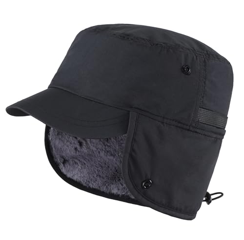 Connectyle Men's Winter Hat with Visor Warm Earflaps Hat Fully Lined Faux Fur Baseball Cap Trapper Hunting Hats - color: Black
