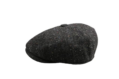 8 Panel Wool Blend Newsboy Cap – Classic Tweed & Herringbone Baker Boy Hat for Men & Women - color: Black Tweed, size: Small