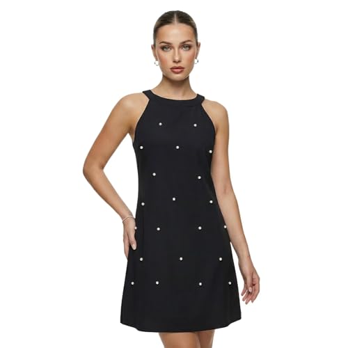 Women Summer Sleeveless Halter Neck Dresses 2026 Casual Floral Print Dress Sun Dresses for Party Beach Vacation - color: Black+bead, size: Large