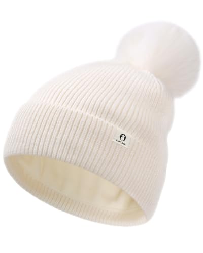 FURTALK Pom Pom Winter Hats for Women Fleece Lined Slouchy Warm Beanie Skull Cap - color: Beige