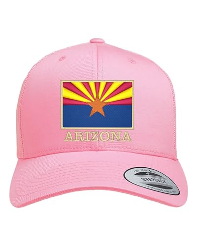 Go All Out Arizona Flag with Classy Gold Trim Arizona Pride Dad Deluxe Trucker Flatbill Baseball Structured Embroidered Hat - color: Pink