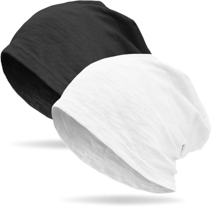 vidsel 100% Cotton Slouchy Beanie, Lightweight Summer Hats for Women Men - color: 2pcs Black+white, size: Large