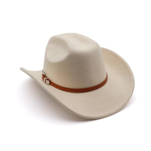 Western Cowboy Hat for Men Cowgirl Hat for Women Wide Brim Felt Fedora Hats Classic Cowboyhat with Buckle Belt - color: Beige 01