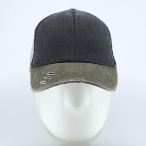 The Vintage Year Plain Cotton Structured Mesh Adjustable Trucker Sports Baseball Cap - color: Distressed Olive Green/Charcoal Gray/Gray