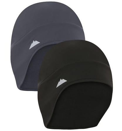 Tough Headwear Thermal Skull Cap - Moisture-Wicking Running Beanie - Snug Fit Ski Helmet Liner - Lightweight Cycling Cap - color: Black + Grey (2 Pack)
