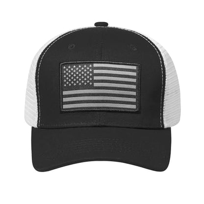 American Flag Trucker Hat, Patriotic Baseball Cap for Men & Women, Breathable Mesh Adjustable Snapback, USA Flag Patch - color: Black/White