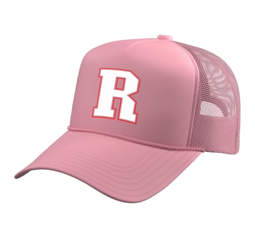 Initial R Monogram R Letter R Capital Alphabet Trucker Hat with Adjustable Mesh Back - color: Pink