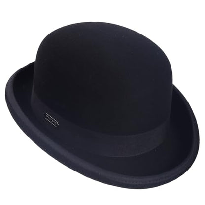 Men's Wool Fedora Hats Women Felt Bowler Derby Hat with Feather - color: Black, size: Large