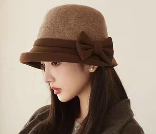 Classic Felt Fedora Hat for Women 2026 Fall Winter Soft Elegant Bow Bucket Hat Cozy Short Brim Cap 2026 - color: Brown