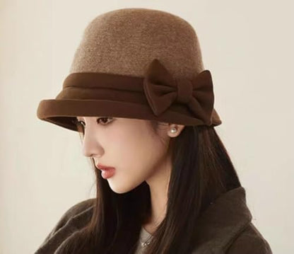 Classic Felt Fedora Hat for Women 2026 Fall Winter Soft Elegant Bow Bucket Hat Cozy Short Brim Cap 2026 - color: Brown