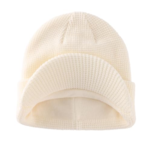Home Prefer Mens Wool Blend Winter Hat Double-Layer Warm Knit Pre-Curve Visor Beanie Brimmed Beanies Hat for Men Women - color: Beige