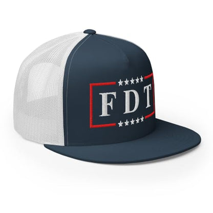 NX FDT Embroidered Flat Bill Trucker Hat High Crown Adjustable FDT Hat - color: Navy/ White