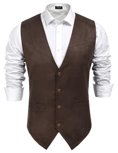 COOFANDY Men's Western Vest Suede Cowboy Vest Casual Slim Fit Waistcoat - color: 01_coffe, size: Medium