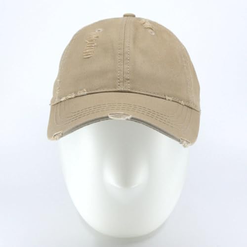 Washed Cotton Distressed with Heavy Stitching Adjustable Baseball Cap - color: Distressed Tea Stained Khaki