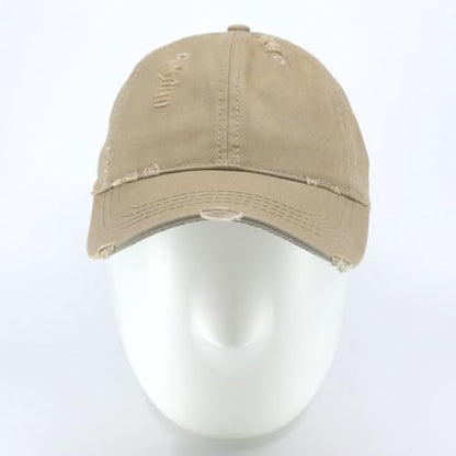 Washed Cotton Distressed with Heavy Stitching Adjustable Baseball Cap - color: Distressed Tea Stained Khaki