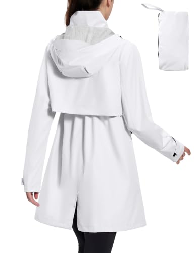 baleaf Women's Long Rain Coat Lightweight Packable Jacket with Hood - color: White, size: Medium