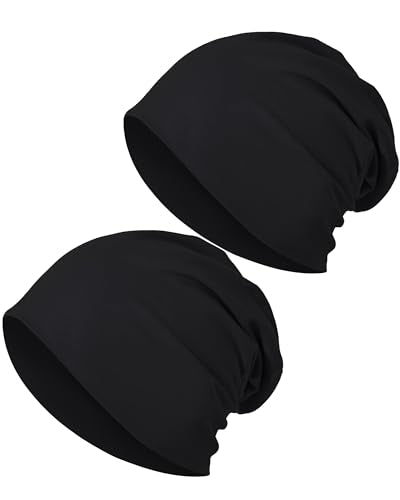 JarseHera 100% Cotton Slouchy Beanie for Women Men Soft Chemo Headwear Set - color: 2 Pcs,2black