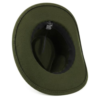 DRESHOW Women Men Classic Felt Wide Brim Western Cowboy & Cowgirl Cap Belt Buckle Retro Panama Hat Unisex Rolled up Caps - color: 1 Pack Style 1: Army Green (Hat Circumference: 22-22.8")