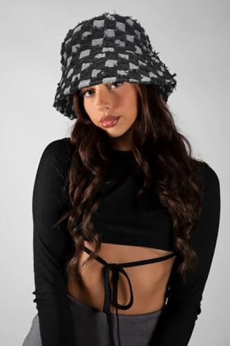 Women's Washed Cotton Bucket Hat Cowboy Checkerboard Fishermen Hat - color: Black