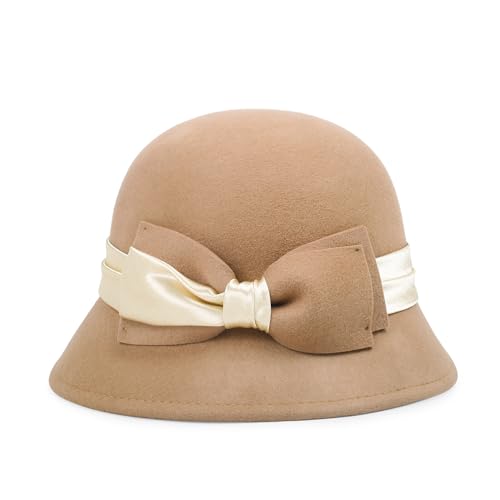 Women Cloche Felt Hat Winter Wool Bucket Hat Vintage Fedora Bowler Hat - color: 2-brown