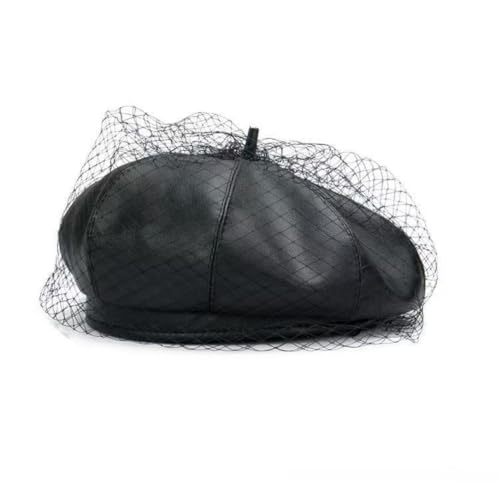 Fashion Soft PU Leather Beret Hat Beanie British Military Berets for Women - color: Black With Veil, size: 6 7/8-7 1/8