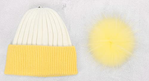 Women's Winter Ribbed Cuffed Beanie Skull Cap with Genuine Raccoon Fur Pom - color: White Yellow
