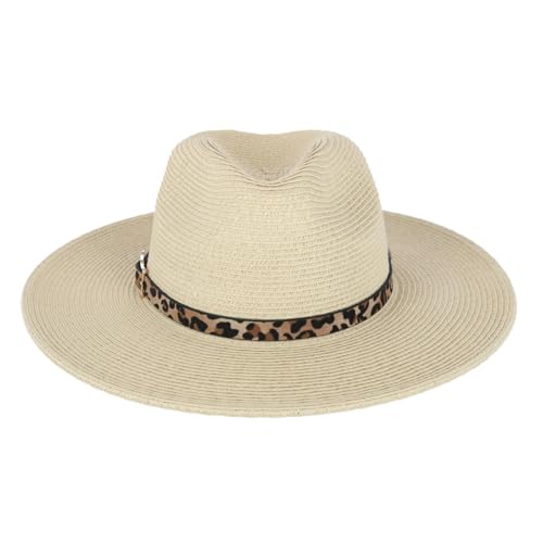 Karen Keith Women's Braided Toyo Fedora Sun Hat with Leopard Hat Band - color: Beige