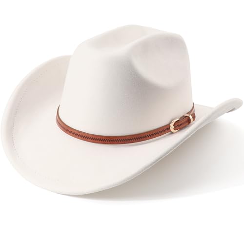 Western Cowboy Hats for Women Classic Felt Wide Brim Fedora Hat with Belt Buckle Retro Panama Hat Unisex Rolled up Cap - color: Suede Cowboy Hats : Beige, size: Medium