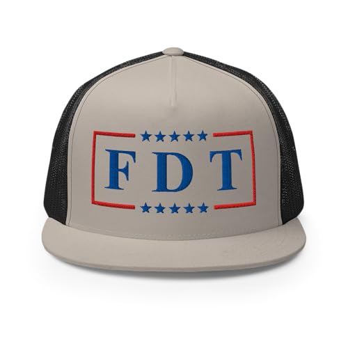 NX FDT Embroidered Flat Bill Trucker Hat High Crown Adjustable FDT Hat - color: Silver/ Black